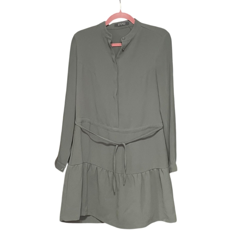 All Saints Lin Sleeve Mini Relax Dress Olive Green Tie Waist Women's Size 2